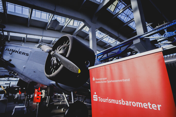 Rotes Roll-up des Sparkassen-Tourismusbarometers vor einem historischen Junckers-Flugzeug in Dessau