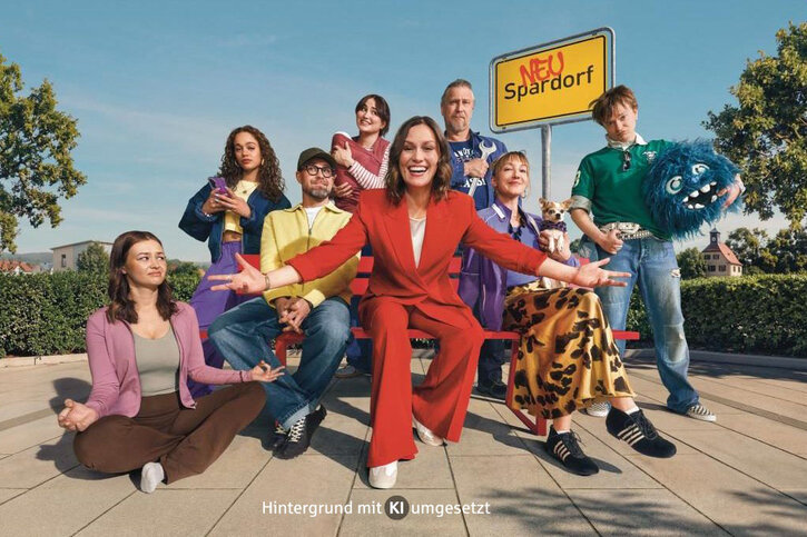 Gruppe der Webserie Neues Sparen steht vor Schild Spardorf auf dem Neu davor gesprüht wurde