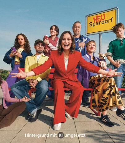 Gruppe der Webserie Neues Sparen steht vor Schild Spardorf auf dem Neu davor gesprüht wurde